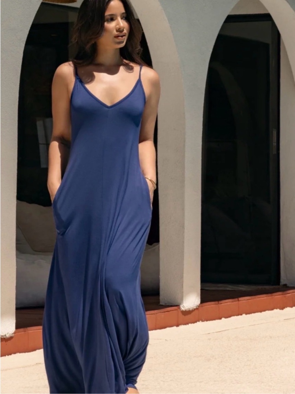 Skivys Femme Goddess Gown in Navy Blue Jersey Stretch Size Small Built In Bra
